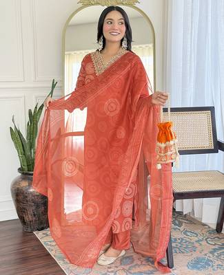Orange Rayon Embroidery Straight Kurta with Pant And Dupatta Set 3