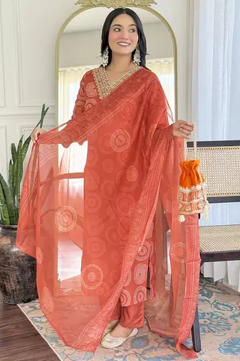 Orange Rayon Embroidery Straight Kurta with Pant And Dupatta Set
