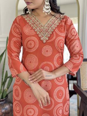 Orange Rayon Embroidery Straight Kurta with Pant And Dupatta Set 4