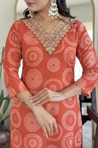 Orange Rayon Embroidery Straight Kurta with Pant And Dupatta Set