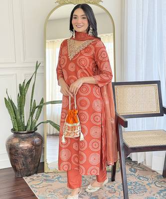Orange Rayon Embroidery Straight Kurta with Pant And Dupatta Set 5
