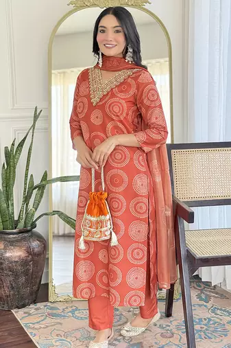 Orange Rayon Embroidery Straight Kurta with Pant And Dupatta Set