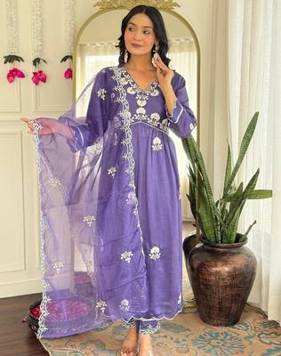 Lavender Vichitra Silk Embroidery Flared Kurta with Pant And Dupatta Set 1