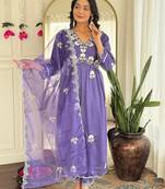 Lavender Vichitra Silk Embroidery Flared Kurta with Pant And Dupatta Set