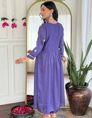 Lavender Vichitra Silk Embroidery Flared Kurta with Pant And Dupatta Set 2