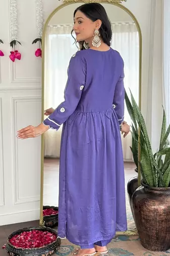 Lavender Vichitra Silk Embroidery Flared Kurta with Pant And Dupatta Set