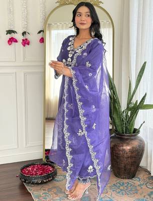 Lavender Vichitra Silk Embroidery Flared Kurta with Pant And Dupatta Set 3