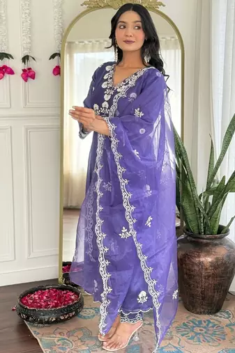 Lavender Vichitra Silk Embroidery Flared Kurta with Pant And Dupatta Set
