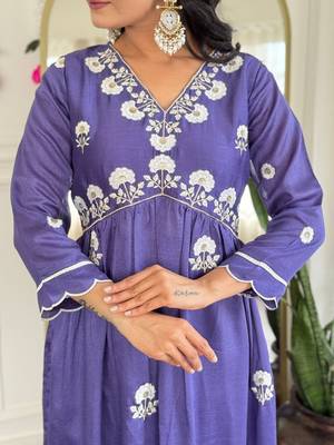 Lavender Vichitra Silk Embroidery Flared Kurta with Pant And Dupatta Set 4