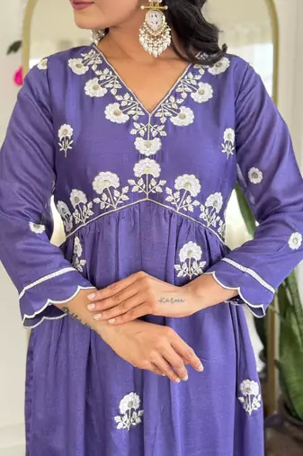 Lavender Vichitra Silk Embroidery Flared Kurta with Pant And Dupatta Set