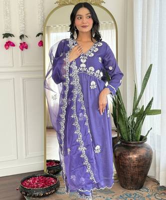 Lavender Vichitra Silk Embroidery Flared Kurta with Pant And Dupatta Set 5