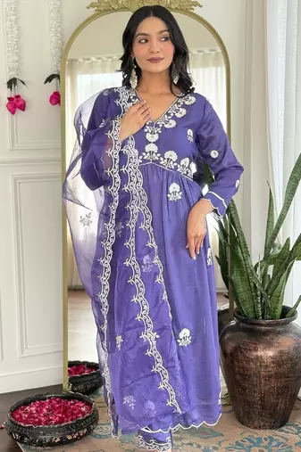 Lavender Vichitra Silk Embroidery Flared Kurta with Pant And Dupatta Set
