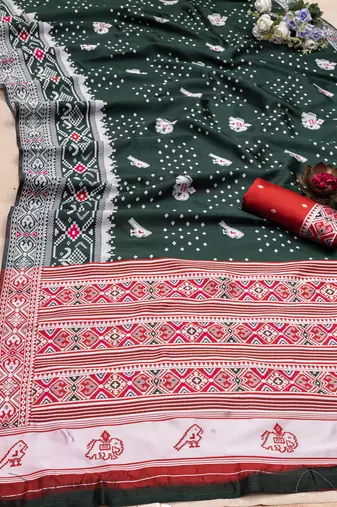 Green soft litchi Silk Blend saree with traditional motifs and finished with a luxurious zari pallu