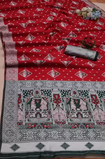Red soft litchi Silk Blend saree with traditional motifs and finished with a luxurious zari pallu
