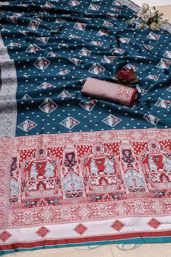 Rama soft litchi Silk Blend saree with traditional motifs and finished with a luxurious zari pallu