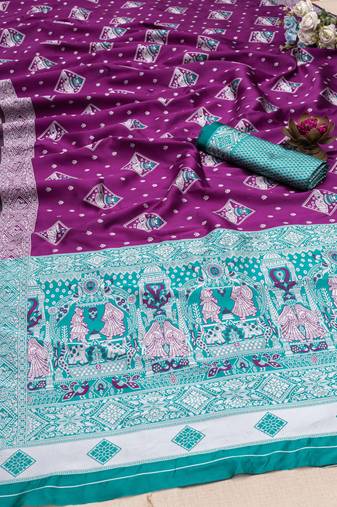 Purple soft litchi Silk Blend saree with traditional motifs and finished with a luxurious zari pallu