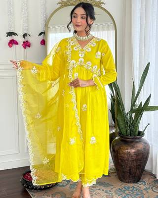 Lemon Vichitra Silk Embroidery Flared Kurta with Pant And Dupatta Set 1