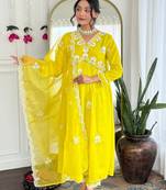 Lemon Vichitra Silk Embroidery Flared Kurta with Pant And Dupatta Set