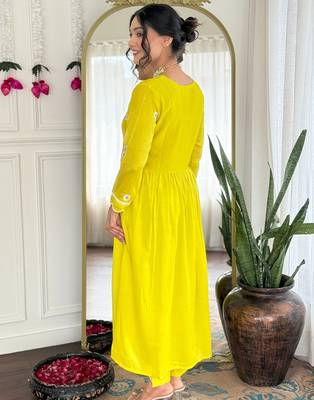 Lemon Vichitra Silk Embroidery Flared Kurta with Pant And Dupatta Set 2