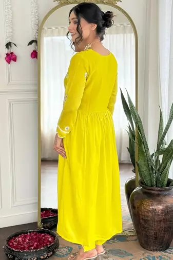 Lemon Vichitra Silk Embroidery Flared Kurta with Pant And Dupatta Set