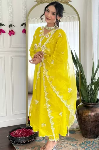 Lemon Vichitra Silk Embroidery Flared Kurta with Pant And Dupatta Set