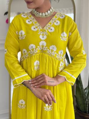 Lemon Vichitra Silk Embroidery Flared Kurta with Pant And Dupatta Set 4