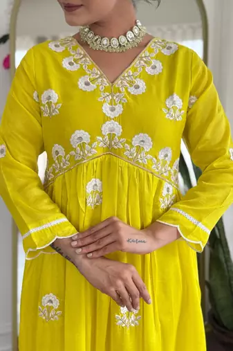 Lemon Vichitra Silk Embroidery Flared Kurta with Pant And Dupatta Set