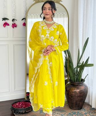 Lemon Vichitra Silk Embroidery Flared Kurta with Pant And Dupatta Set 5