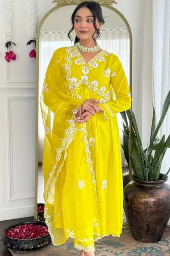 Lemon Vichitra Silk Embroidery Flared Kurta with Pant And Dupatta Set