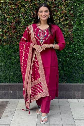 Maroon colour with hand work with roman silk stitch for women