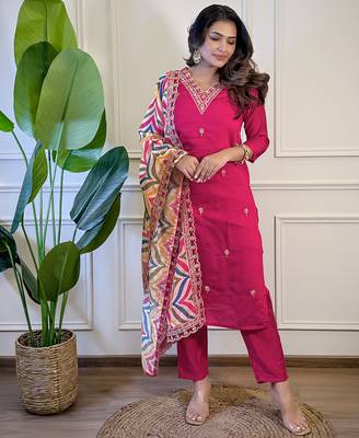 Pink Viscose Embroidery Straight Kurta with Pant And Dupatta Set 1