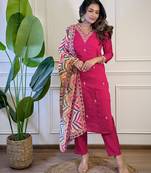 Pink Viscose Embroidery Straight Kurta with Pant And Dupatta Set