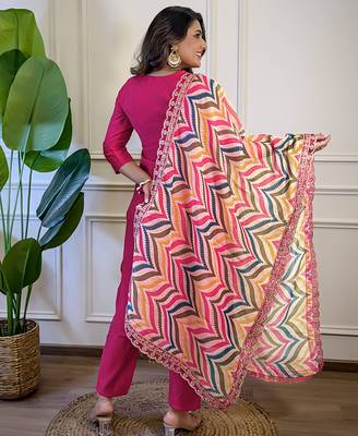 Pink Viscose Embroidery Straight Kurta with Pant And Dupatta Set 2
