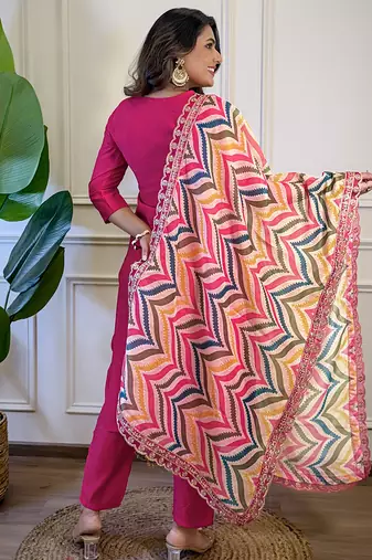 Pink Viscose Embroidery Straight Kurta with Pant And Dupatta Set