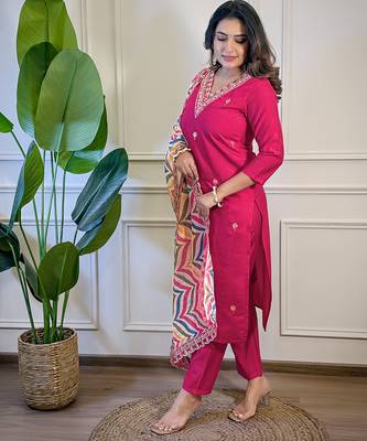 Pink Viscose Embroidery Straight Kurta with Pant And Dupatta Set 3