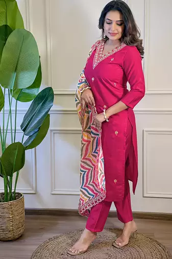 Pink Viscose Embroidery Straight Kurta with Pant And Dupatta Set