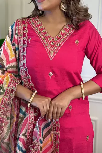 Pink Viscose Embroidery Straight Kurta with Pant And Dupatta Set
