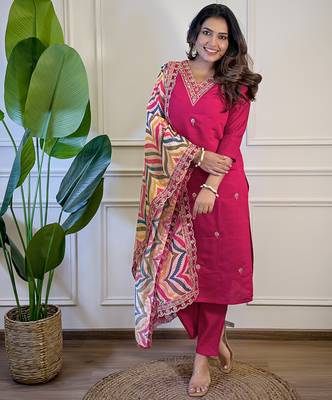 Pink Viscose Embroidery Straight Kurta with Pant And Dupatta Set 5