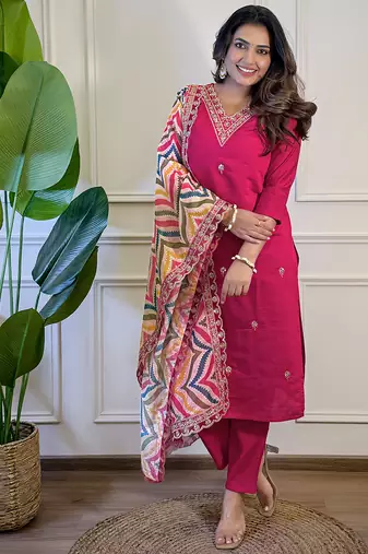 Pink Viscose Embroidery Straight Kurta with Pant And Dupatta Set