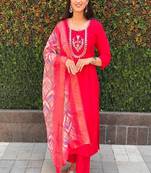 Red colour with hand work with roman silk stitch for women