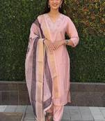 Peach colour with hand work with roman silk stitch for women