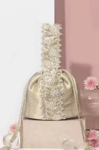 Silver satin woven hand bag