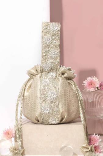 Silver satin hand bag with embroidered handle