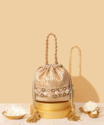 Gold satin embroidered potli bag 1