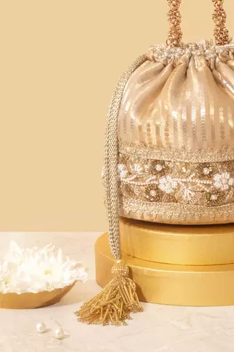 Gold satin embroidered potli bag