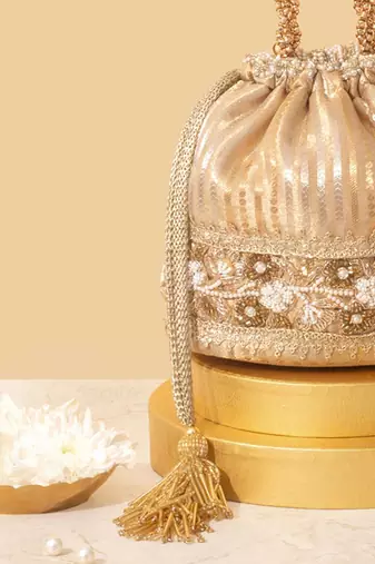 Gold satin embroidered potli bag