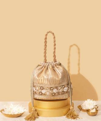 Gold satin embroidered potli bag 4
