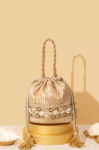 Gold satin embroidered potli bag