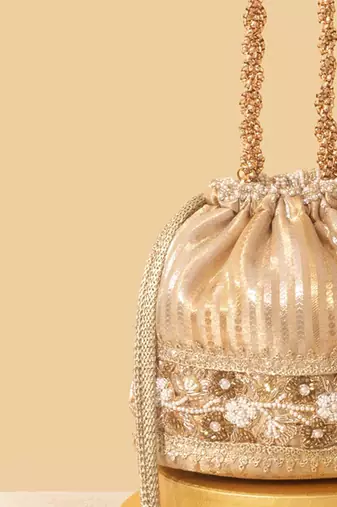 Gold satin embroidered potli bag