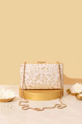 White suede embroidered sling bag